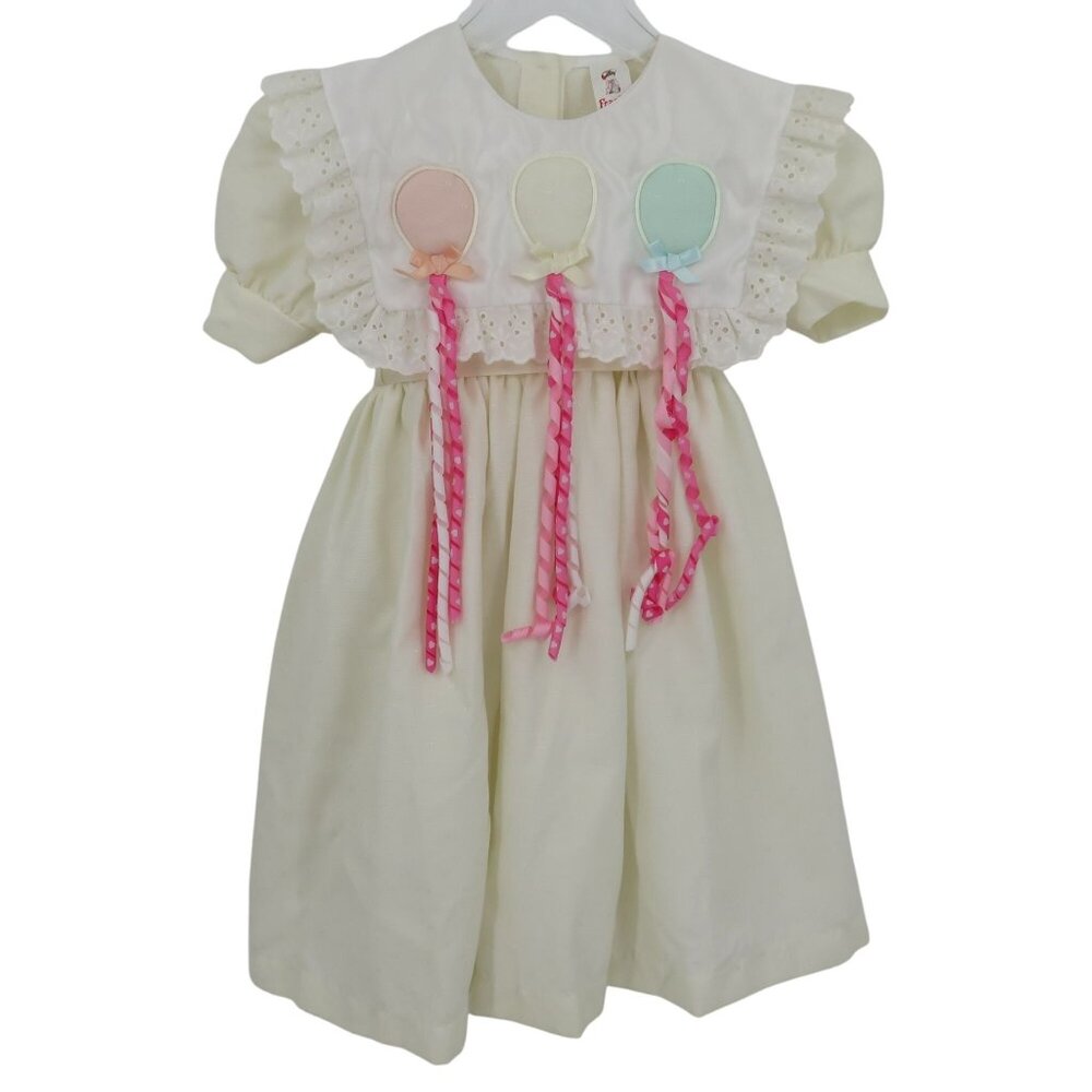 VTG Frankie Girls 4 Ivory Puffy Balloon Bibbed Dress Eyelet Lace Trim Collar